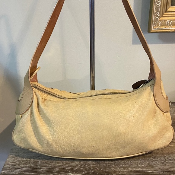 Escada Exotics Cream Woven Leather Shoulder Bag Orange Lining 14.5x7x3.5 - Picture 6 of 16